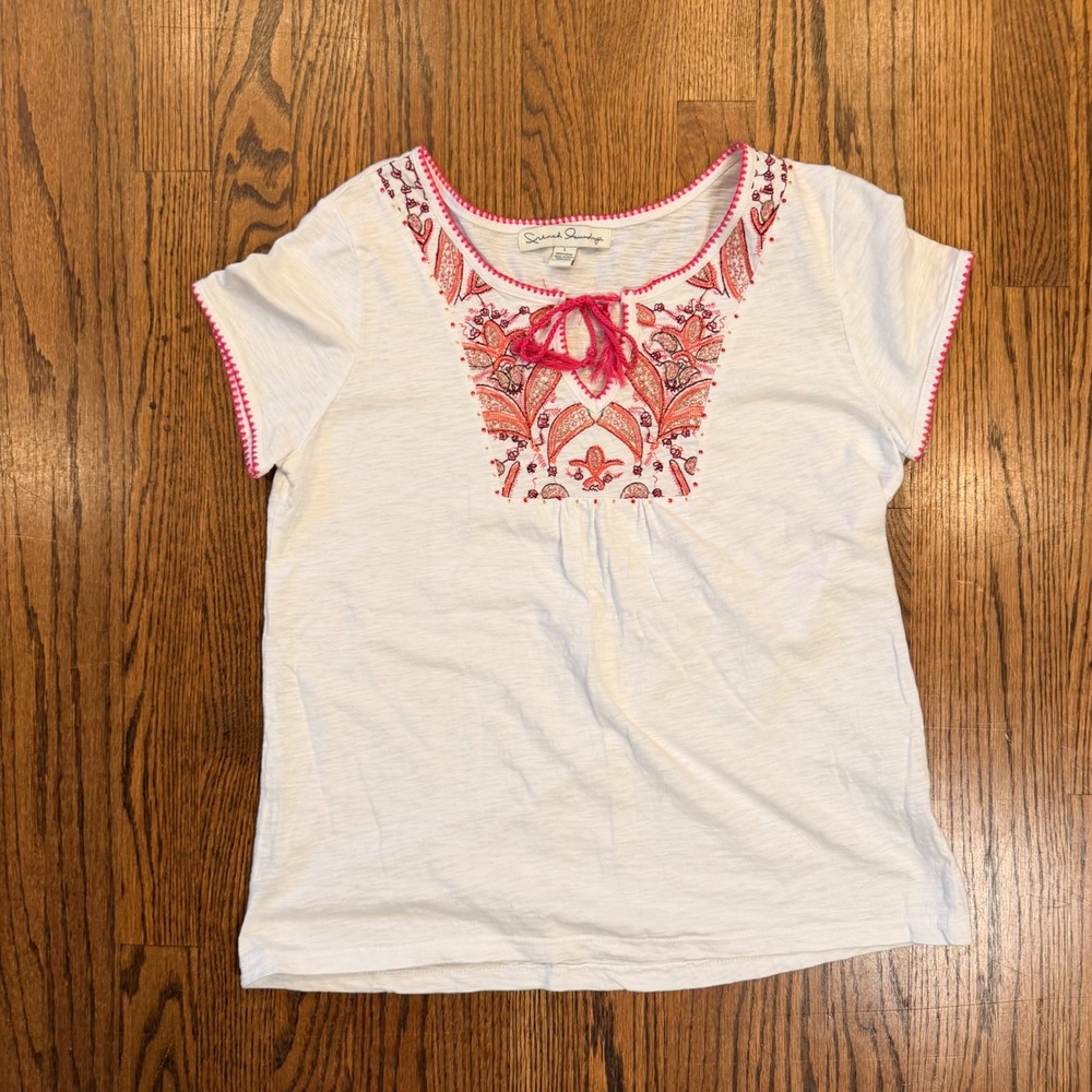 French Laundry Embroidered Boho Peasant Top Tassel Beaded White Pink Large - Picture 1 of 9